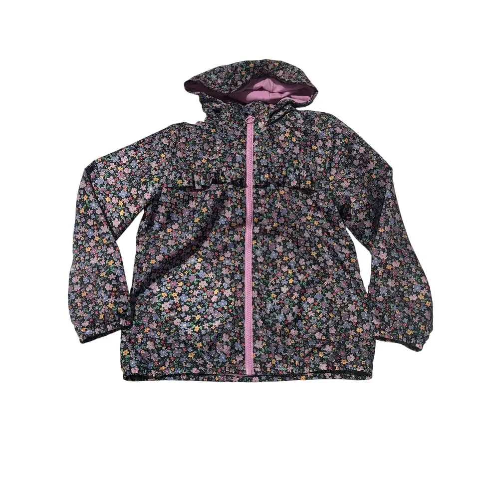 H&M floral front zip navy jacket lined hooded euc lightweight